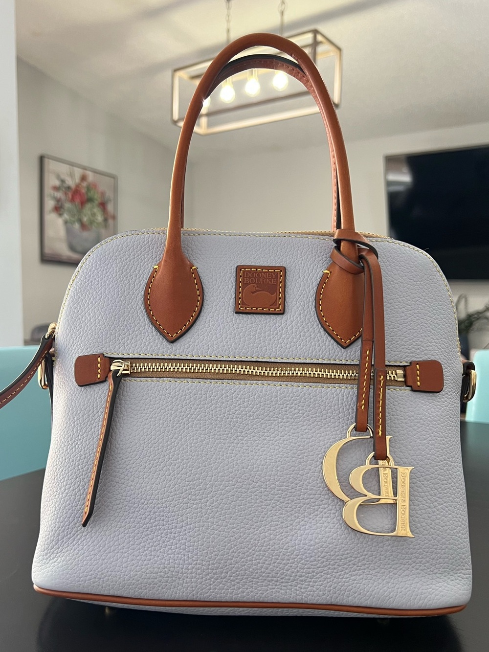 Dooney & Bourke Light Blue Pebbled Leather Satchel with Brown Trim New With Tags